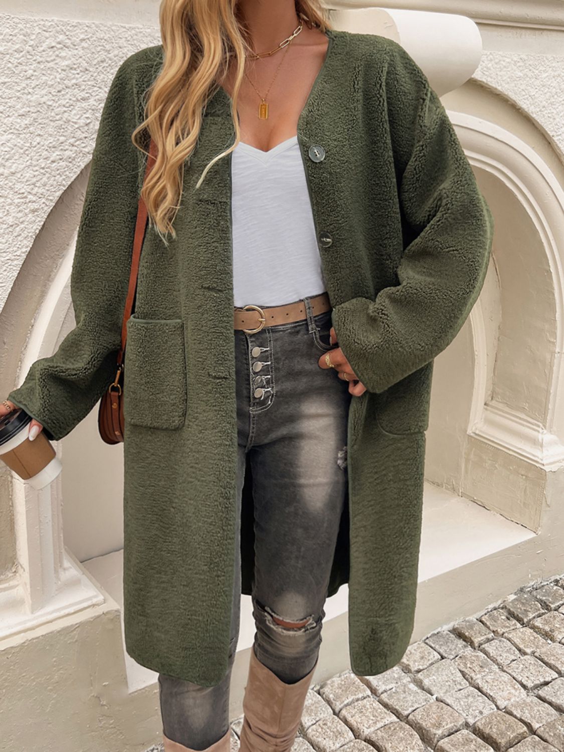 Devine Button Up Long Sleeve Coat - Celeste