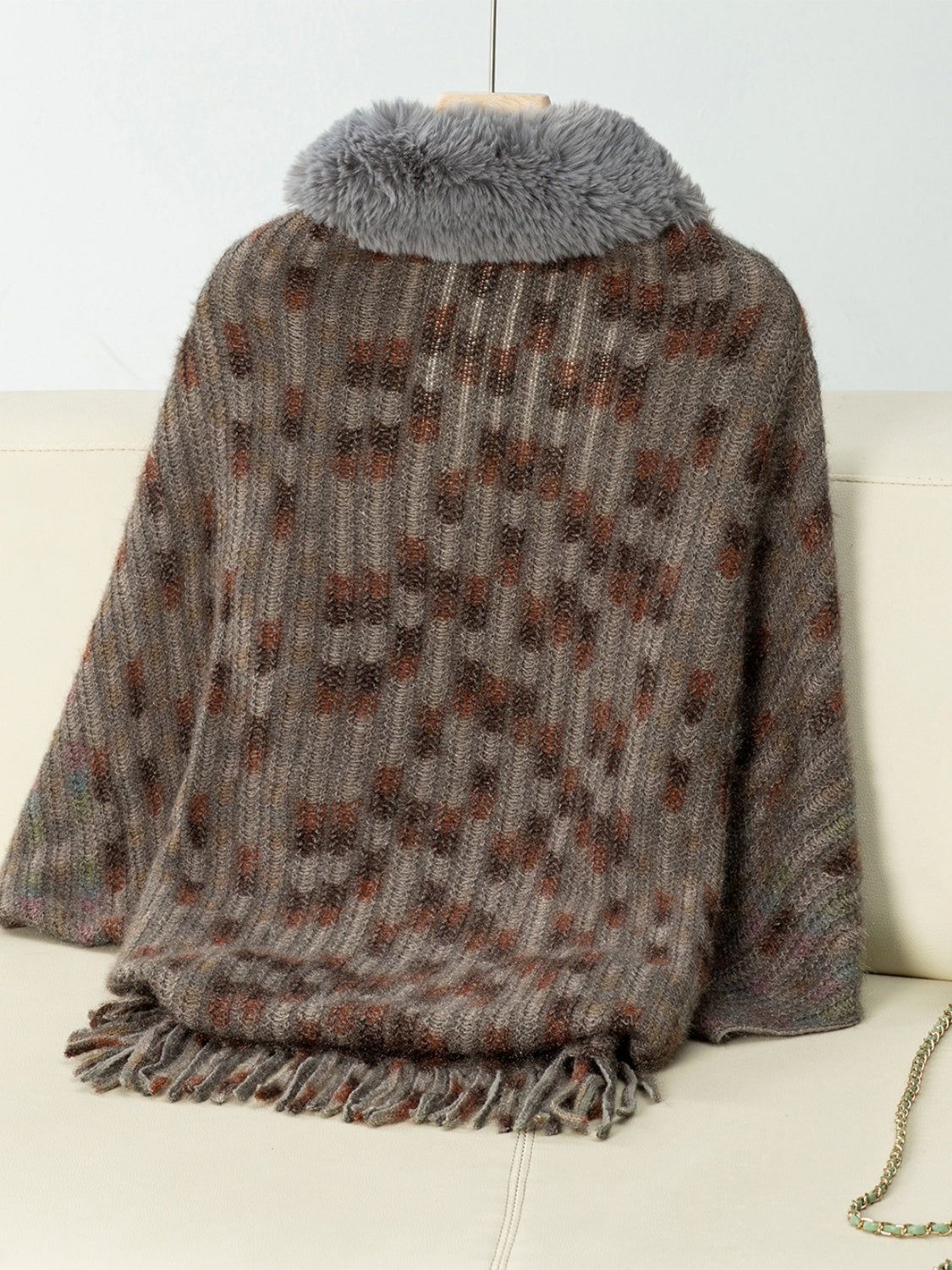 Fringe Fuzzy Open Front Poncho - Celeste