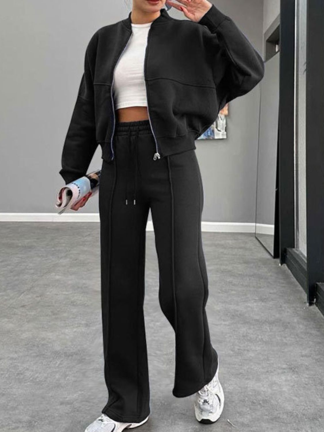 Conjunto de ropa exterior con cuello de béisbol, cremallera y pantalones con cordón