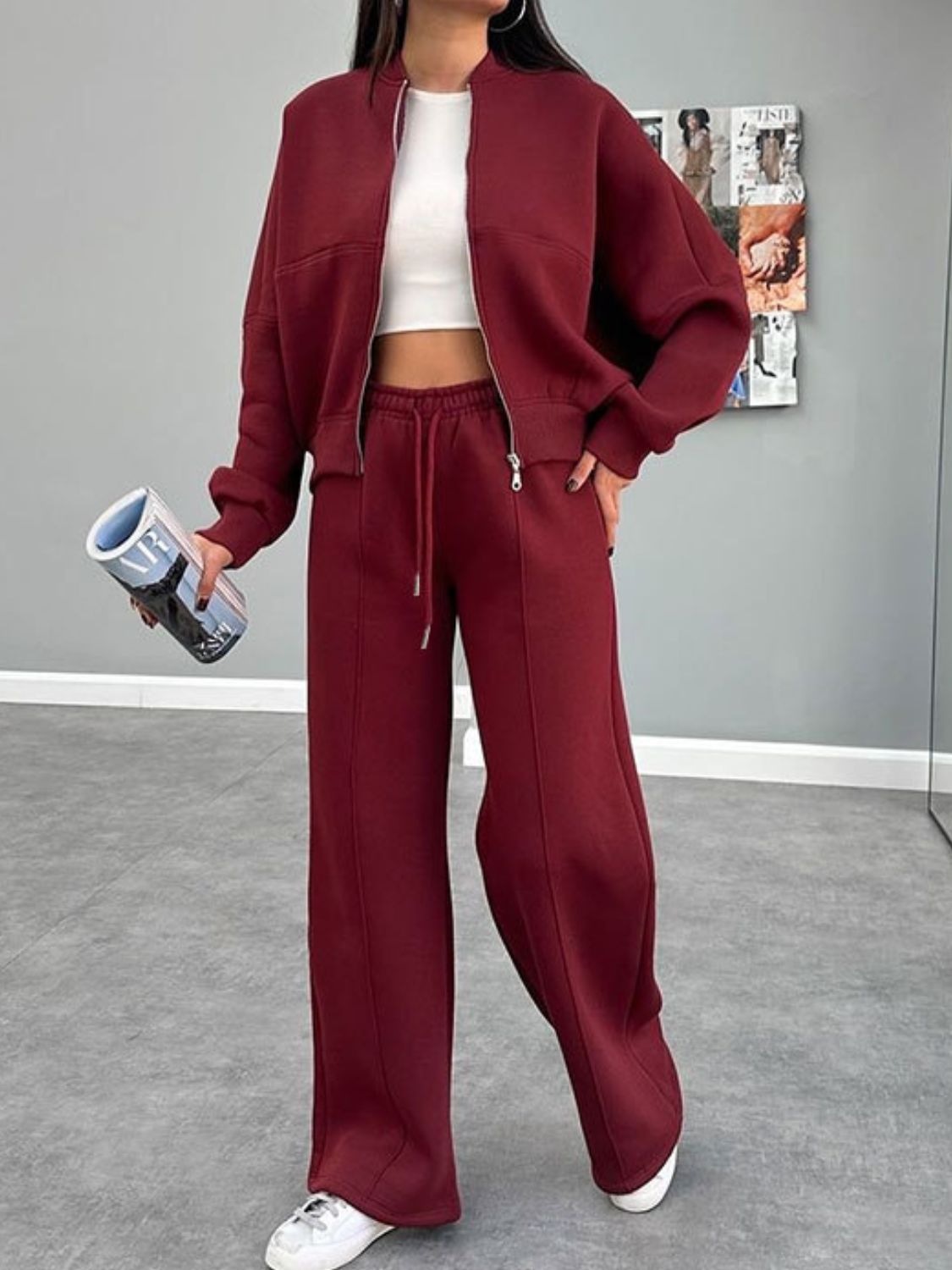 Conjunto de ropa exterior con cuello de béisbol, cremallera y pantalones con cordón