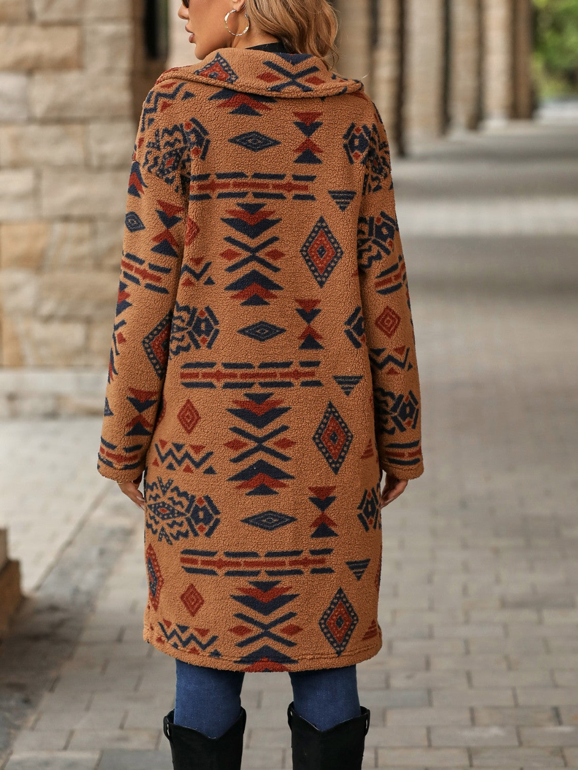 Geometric Pocketed Dropped Shoulder Coat - Celeste