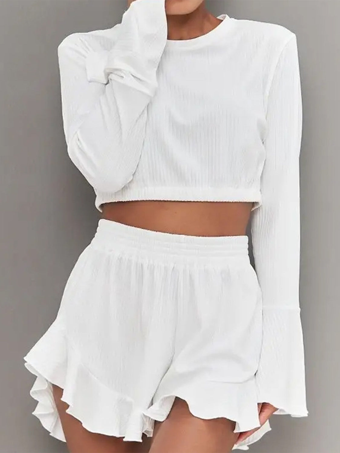 Round Neck Long Sleeve Top and Ruffled Shorts Set - Celeste