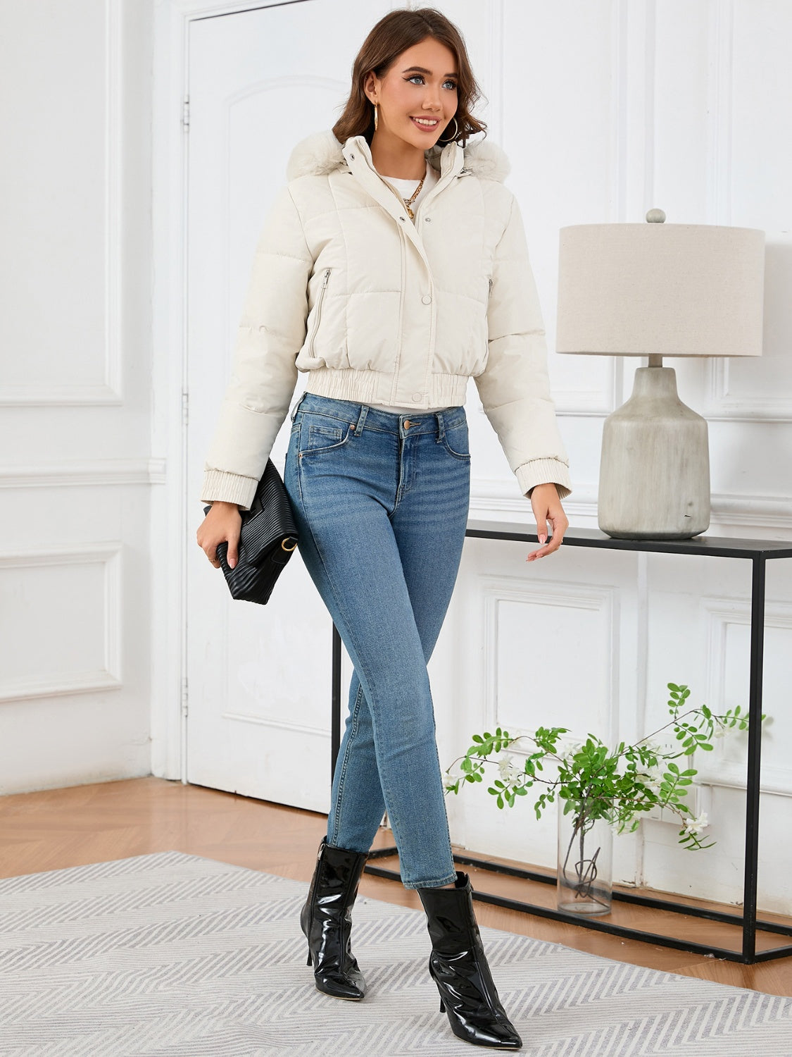 Pocketed Long Sleeve Cropped Hooded Winter Coat - Celeste