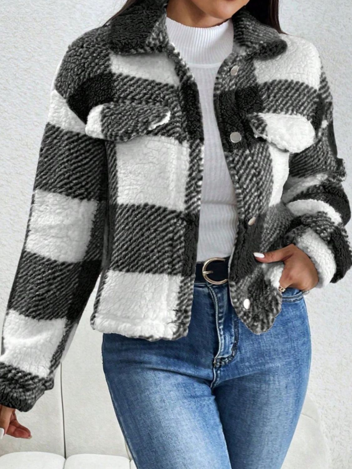 Decorative Pocket Flap Plaid Long Sleeve Jacket - Celeste