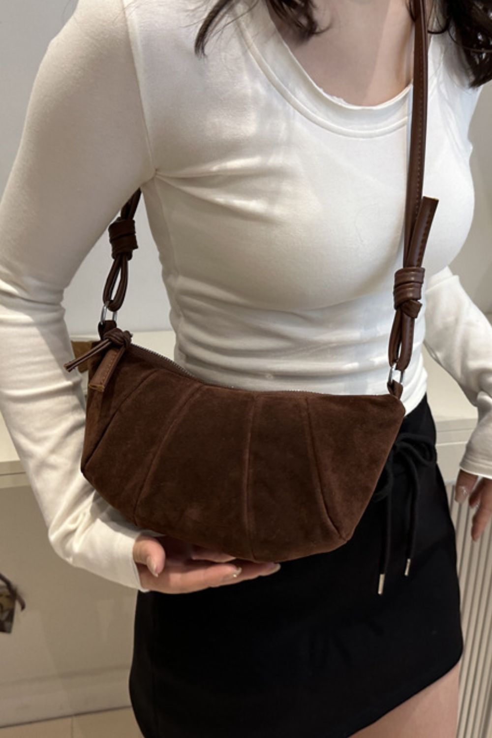 Suede Croissant Shape Shoulder Bag - Celeste