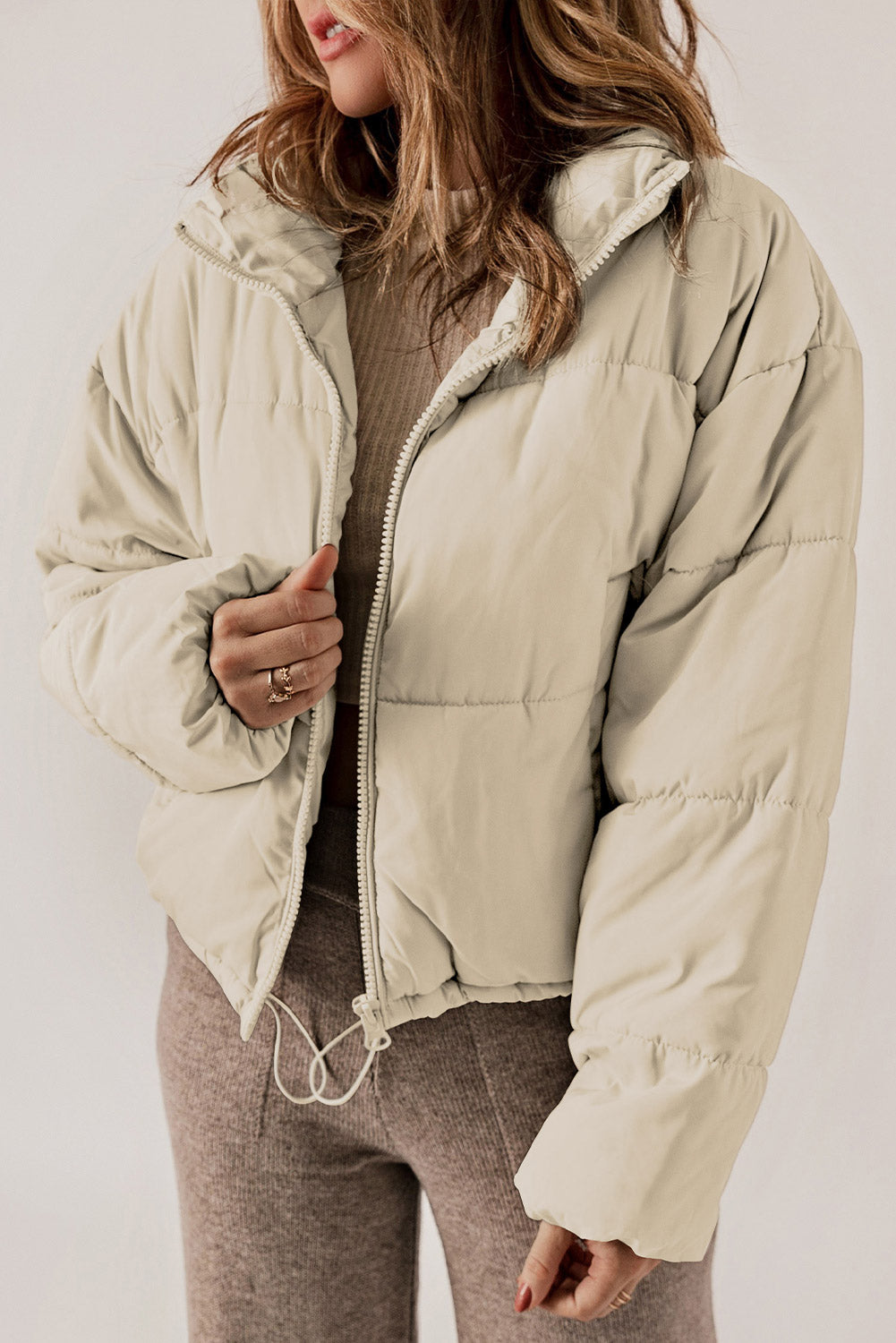 Zip Up Collared Neck Long Sleeve Winter Coat - Celeste