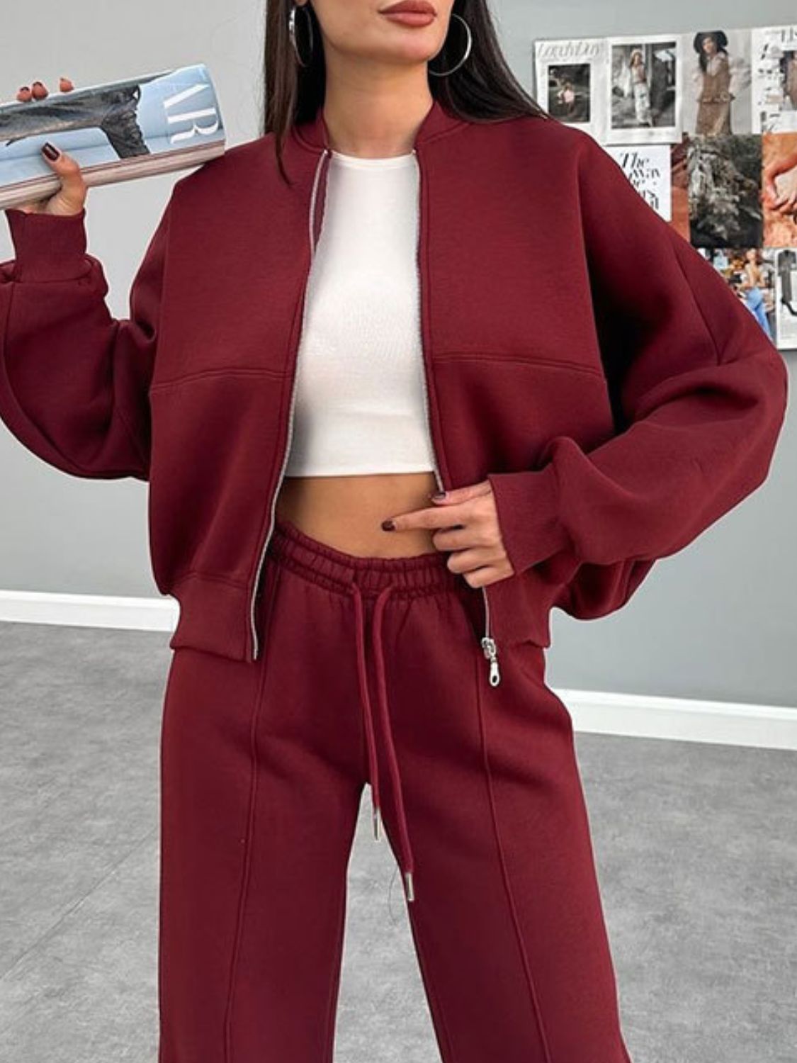 Conjunto de ropa exterior con cuello de béisbol, cremallera y pantalones con cordón
