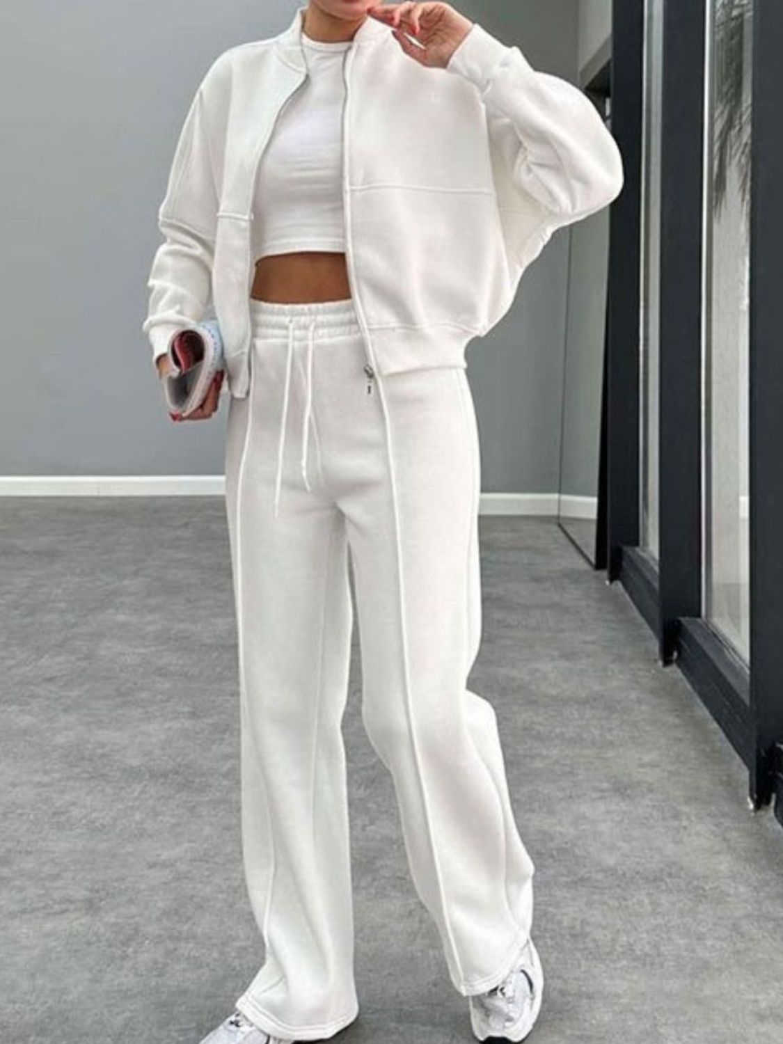Conjunto de ropa exterior con cuello de béisbol, cremallera y pantalones con cordón