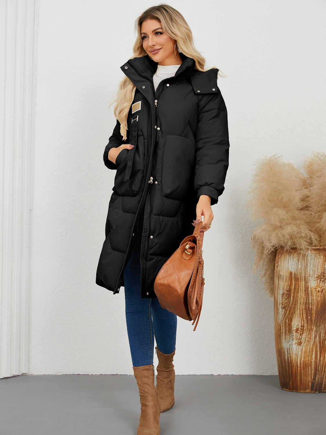 Long Sleeve Longline Hooded Winter Coat - Celeste