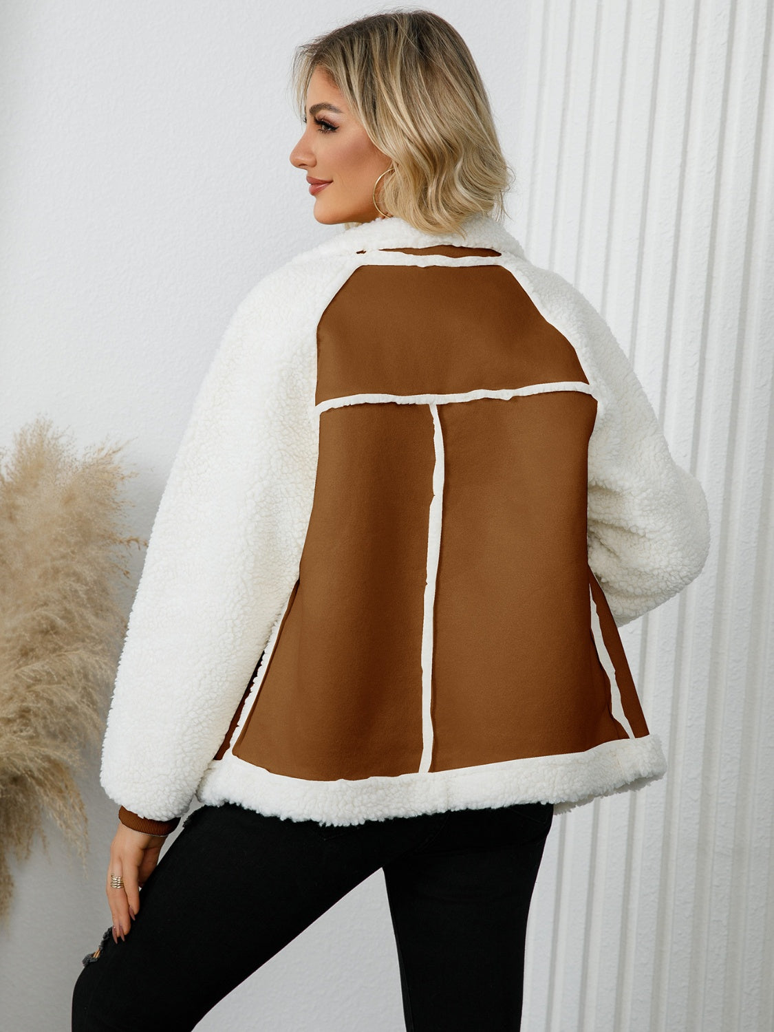 Pocketed Sherpa Zip Up Long Sleeve Jacket - Celeste