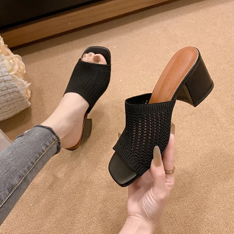 Block Heel Knit Sandals - Celeste