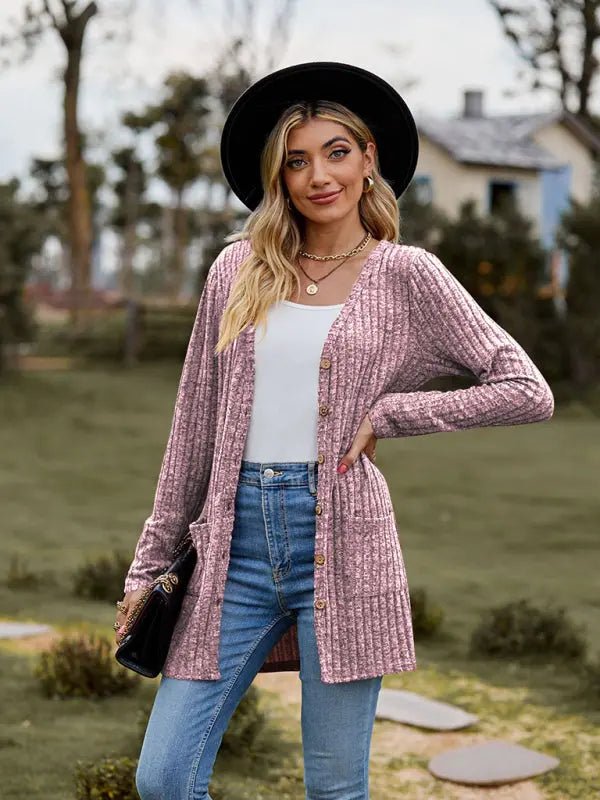 Brushed pitted solid color long-sleeved ladies cardigan - Celeste