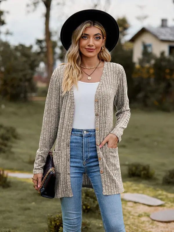 Brushed pitted solid color long-sleeved ladies cardigan - Celeste