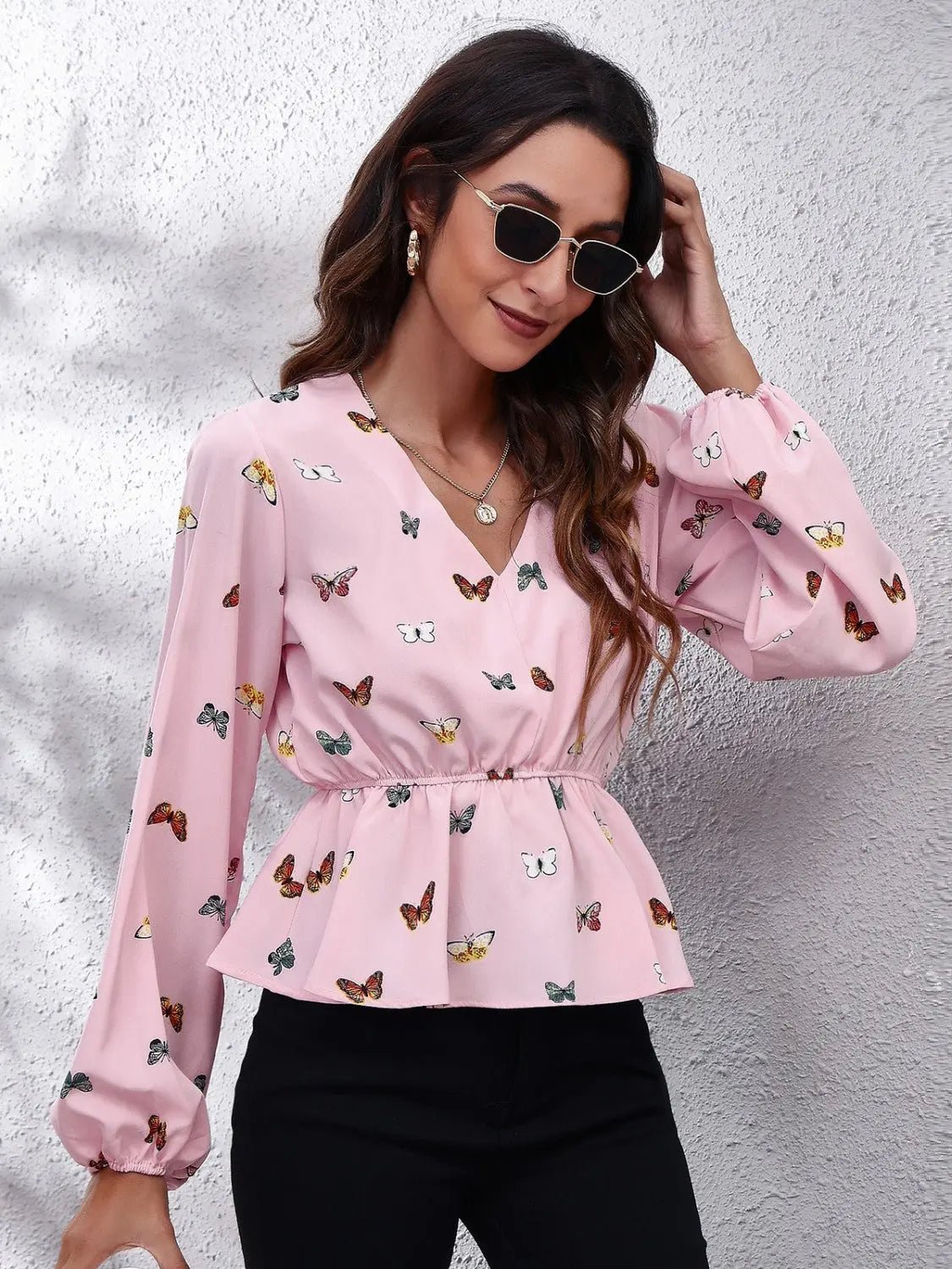 Butterfly V-Neck Balloon Sleeve Peplum Blouse - Celeste