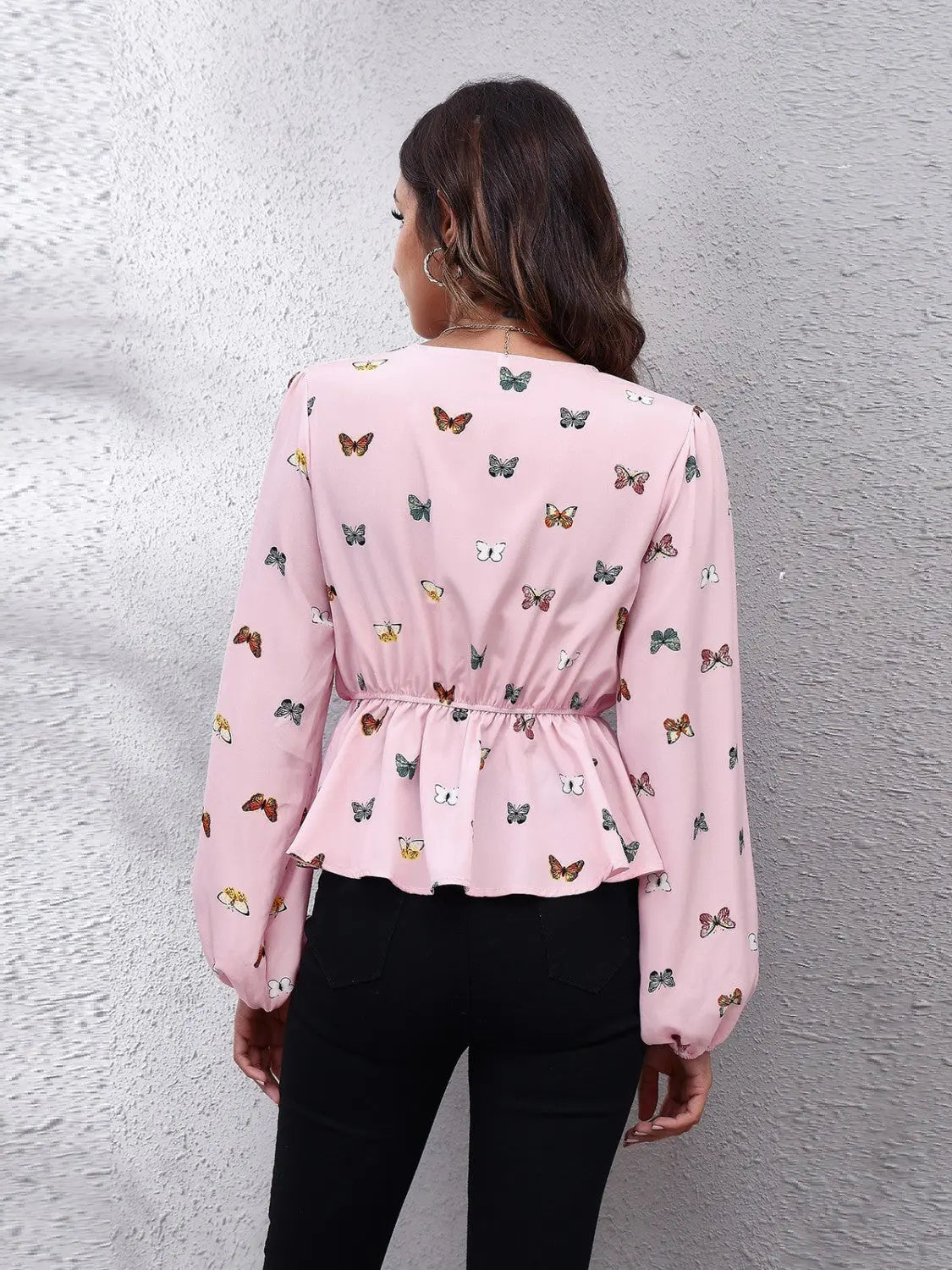 Butterfly V-Neck Balloon Sleeve Peplum Blouse - Celeste