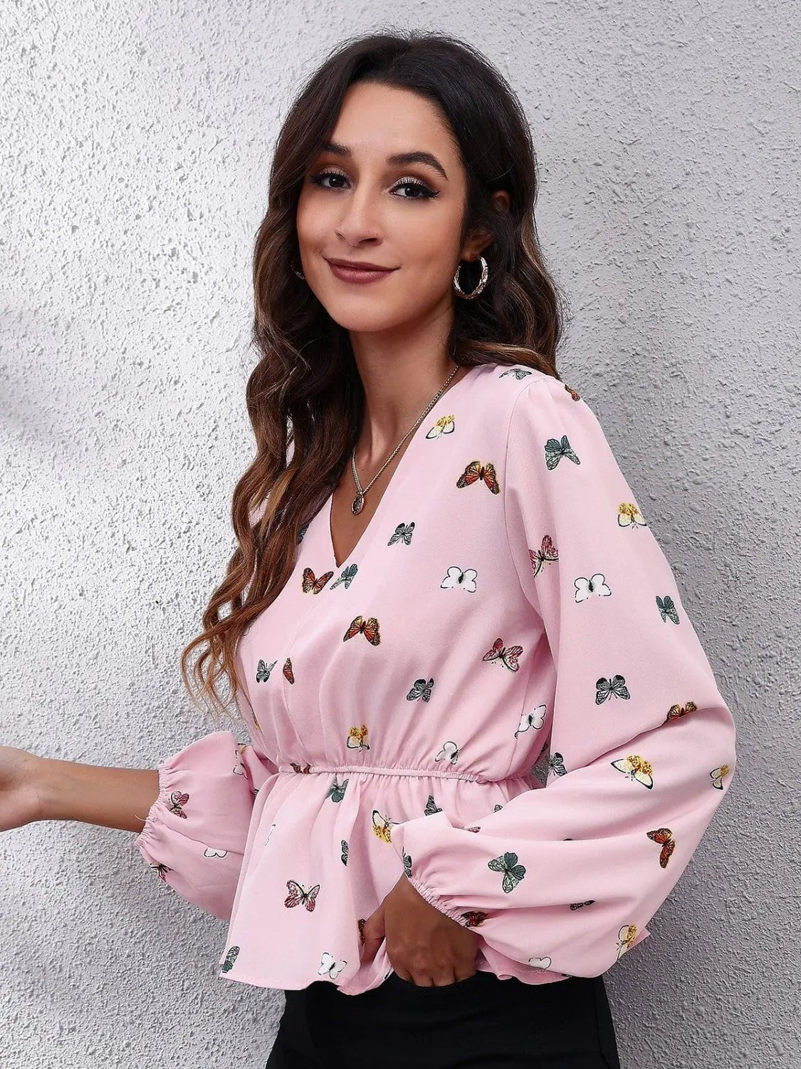 Butterfly V-Neck Balloon Sleeve Peplum Blouse - Celeste