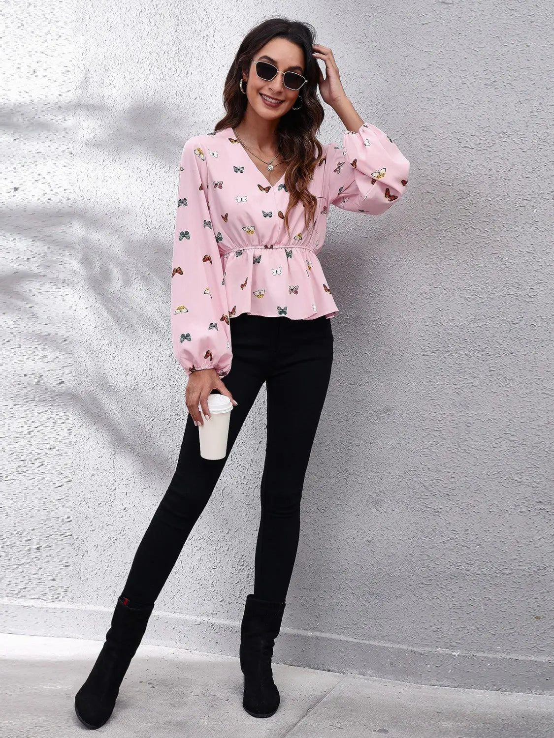Butterfly V-Neck Balloon Sleeve Peplum Blouse - Celeste