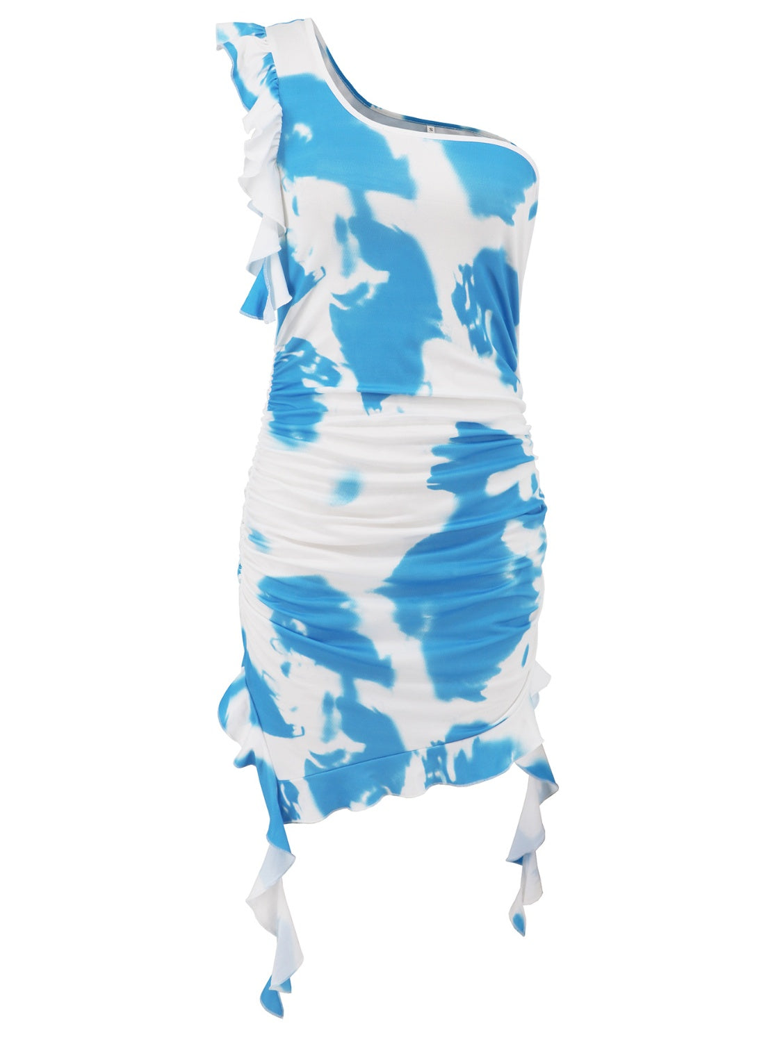 Ruffled Tie-Dye Single Shoulder Mini Dress - Celeste