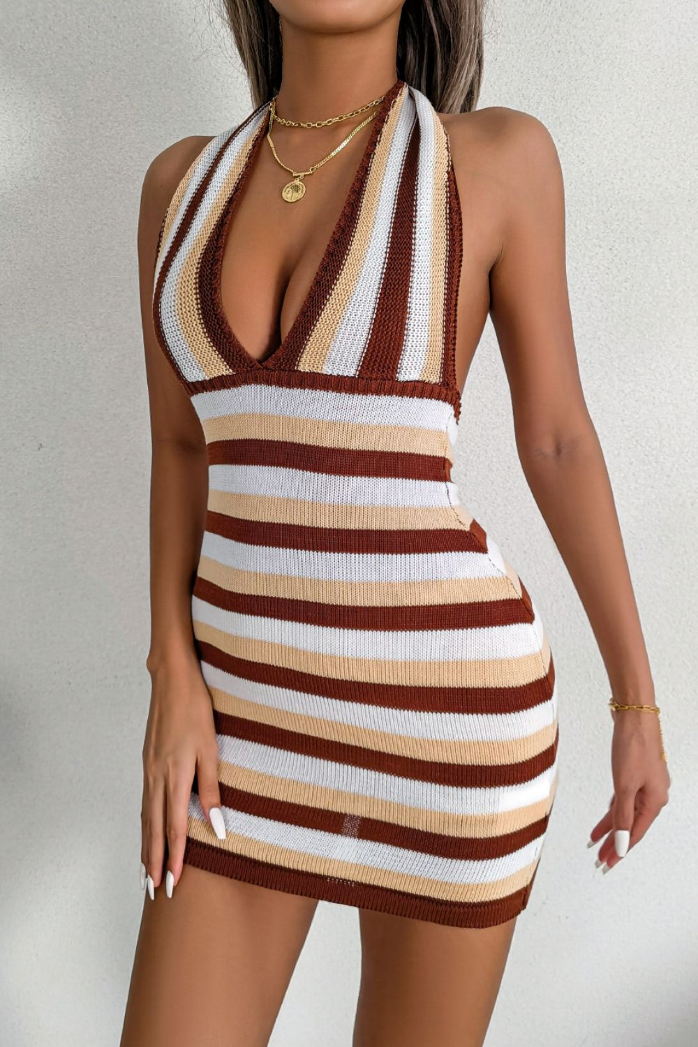 Striped Halter Neck Backless Knit Mini Dress - Celeste