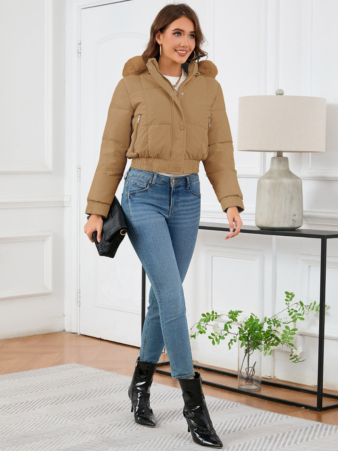 Pocketed Long Sleeve Cropped Hooded Winter Coat - Celeste