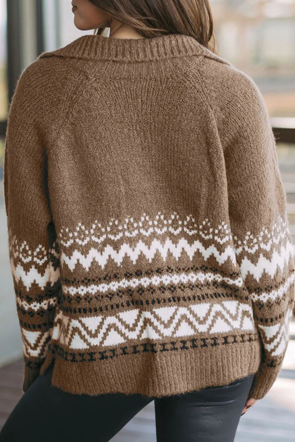 Zip Up Long Sleeve Geometric Cardigan - Celeste