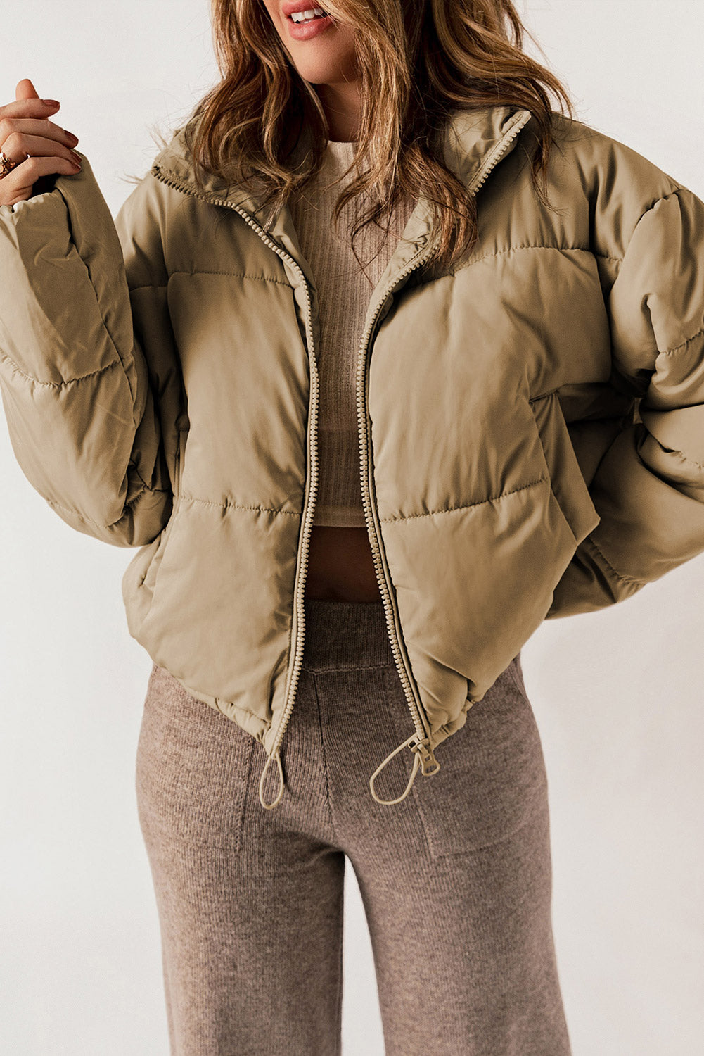 Zip Up Collared Neck Long Sleeve Winter Coat - Celeste