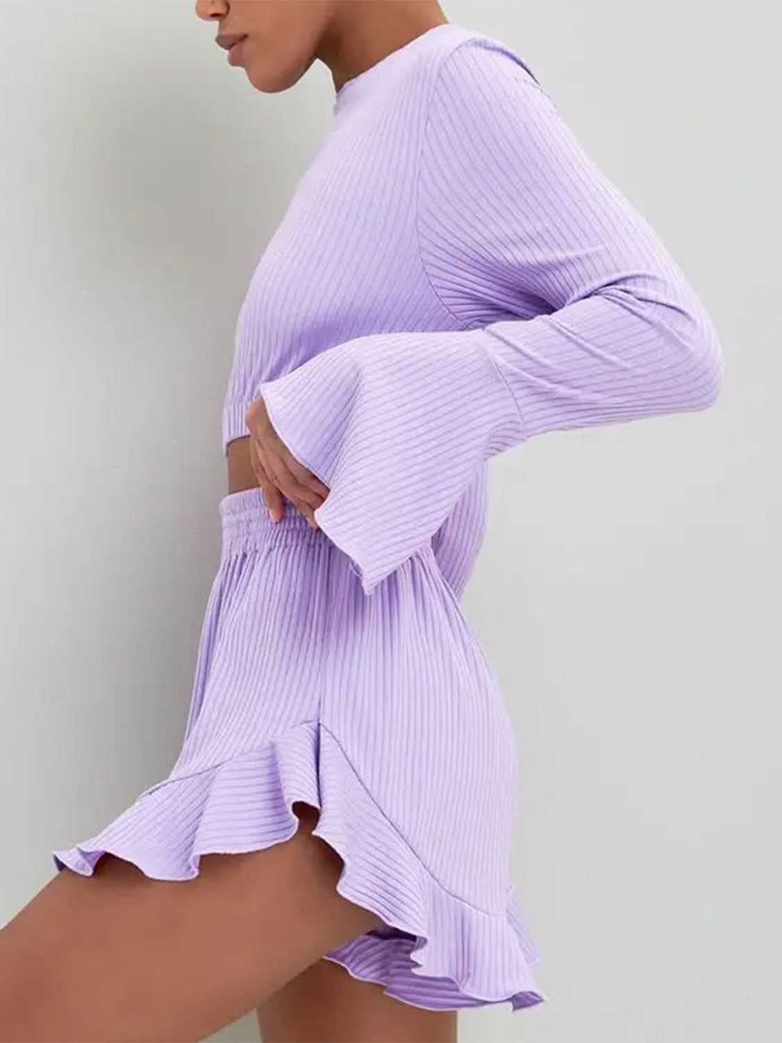 Round Neck Long Sleeve Top and Ruffled Shorts Set - Celeste