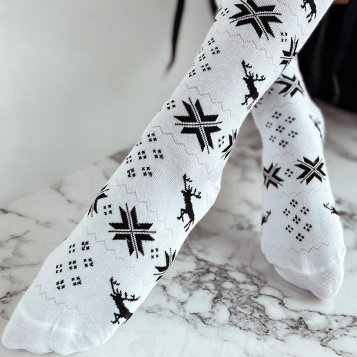 Christmas Element Bowknot Ribbed Trim Over Knee Stockings - Celeste