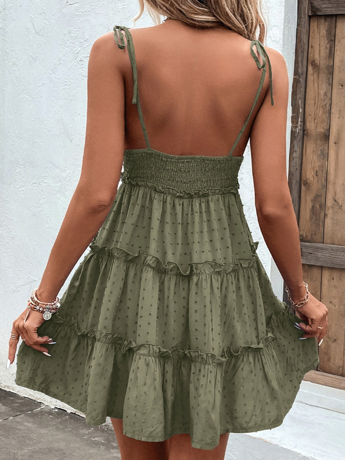 Shiny Frill Spaghetti Strap Tiered Dress - Celeste