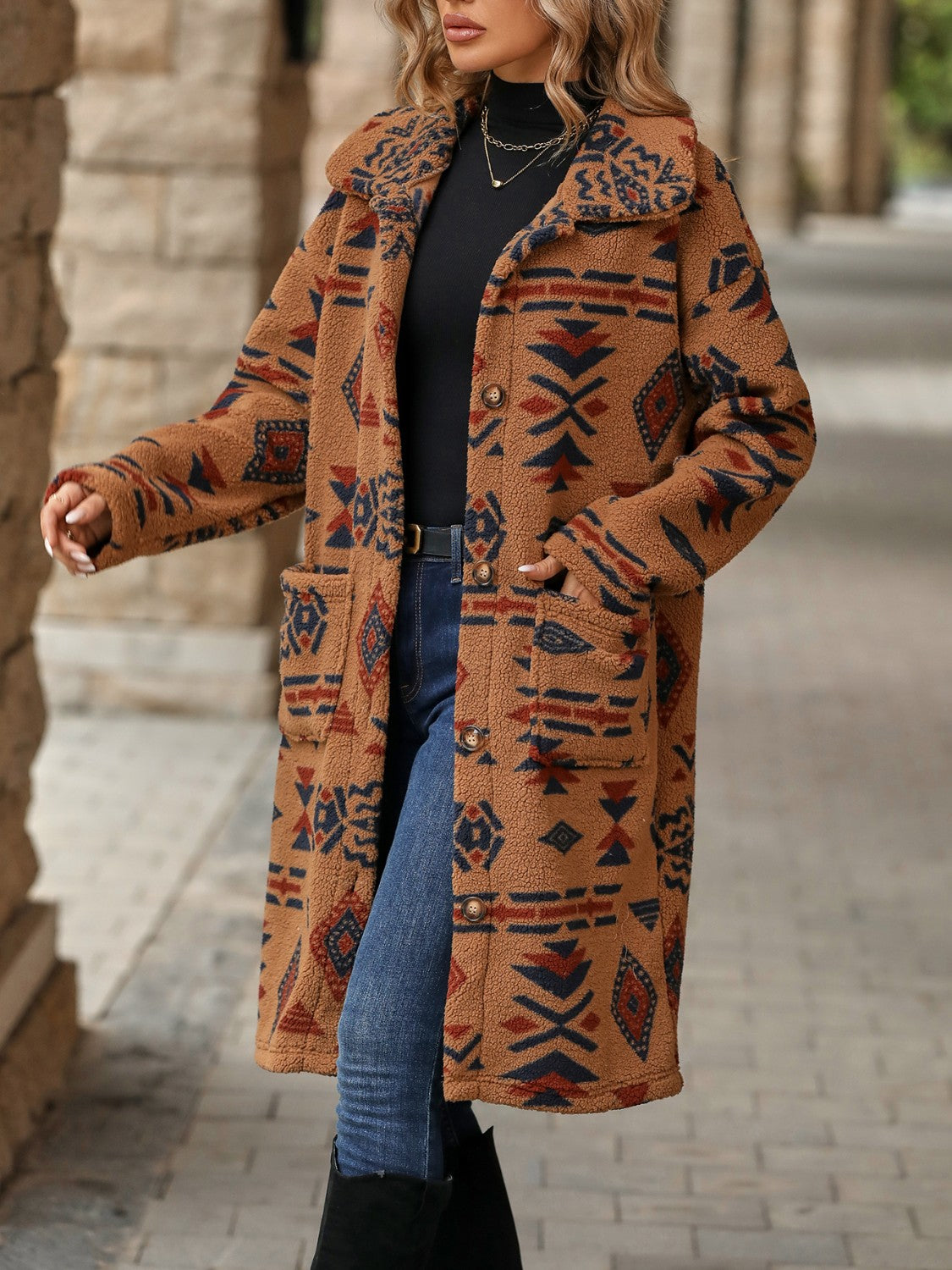 Geometric Pocketed Dropped Shoulder Coat - Celeste