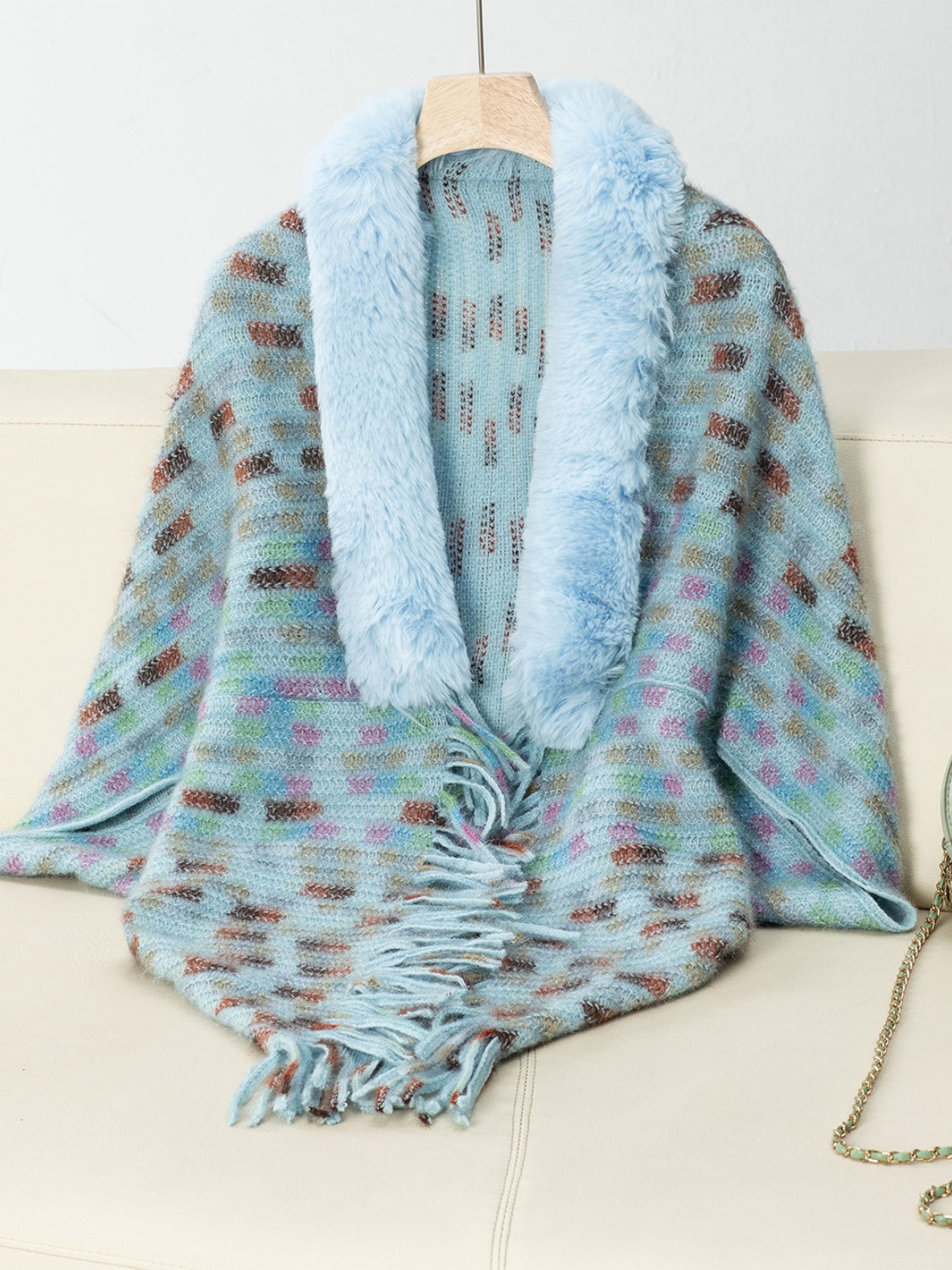 Fringe Fuzzy Open Front Poncho - Celeste