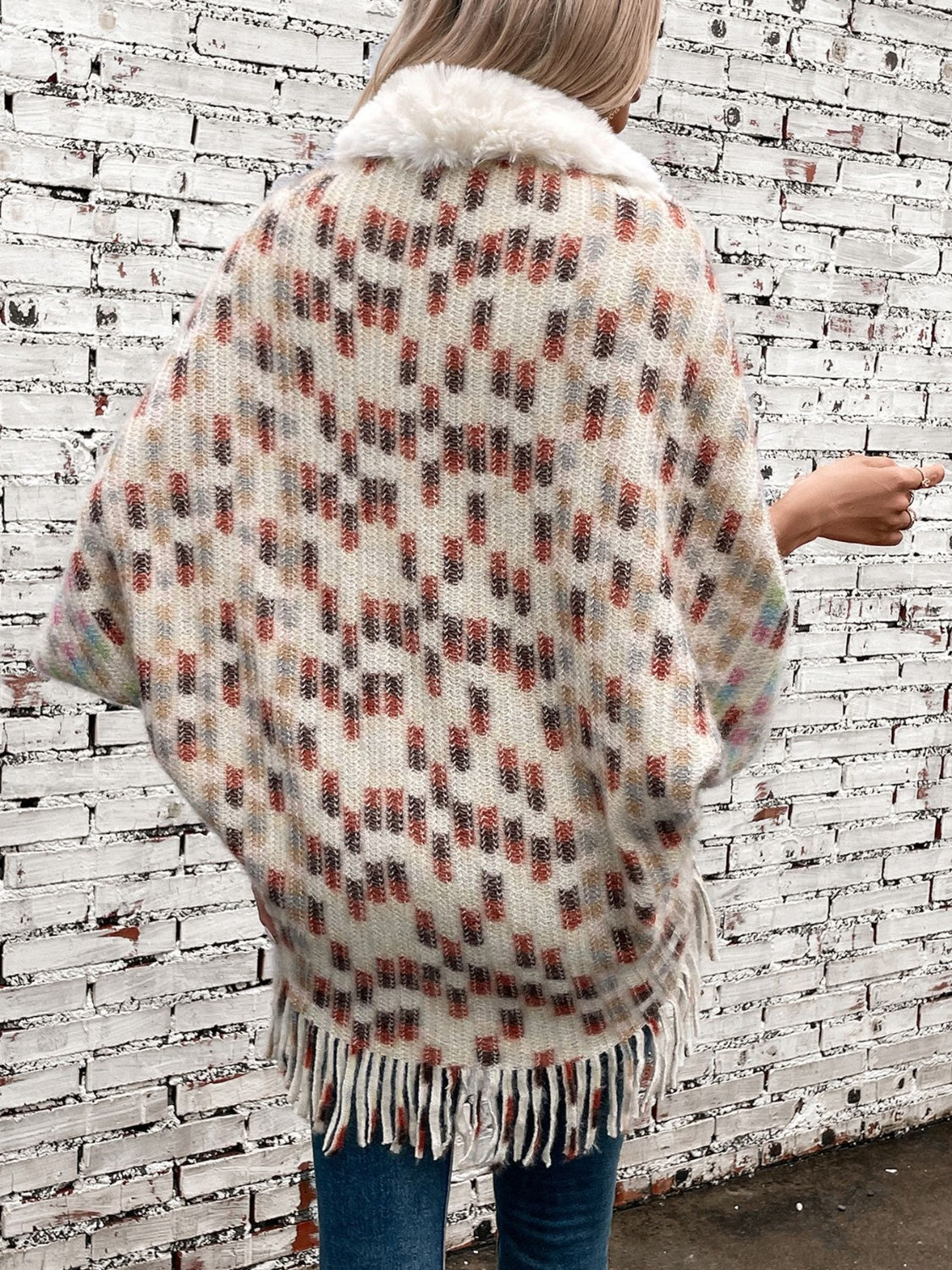 Fringe Fuzzy Open Front Poncho - Celeste