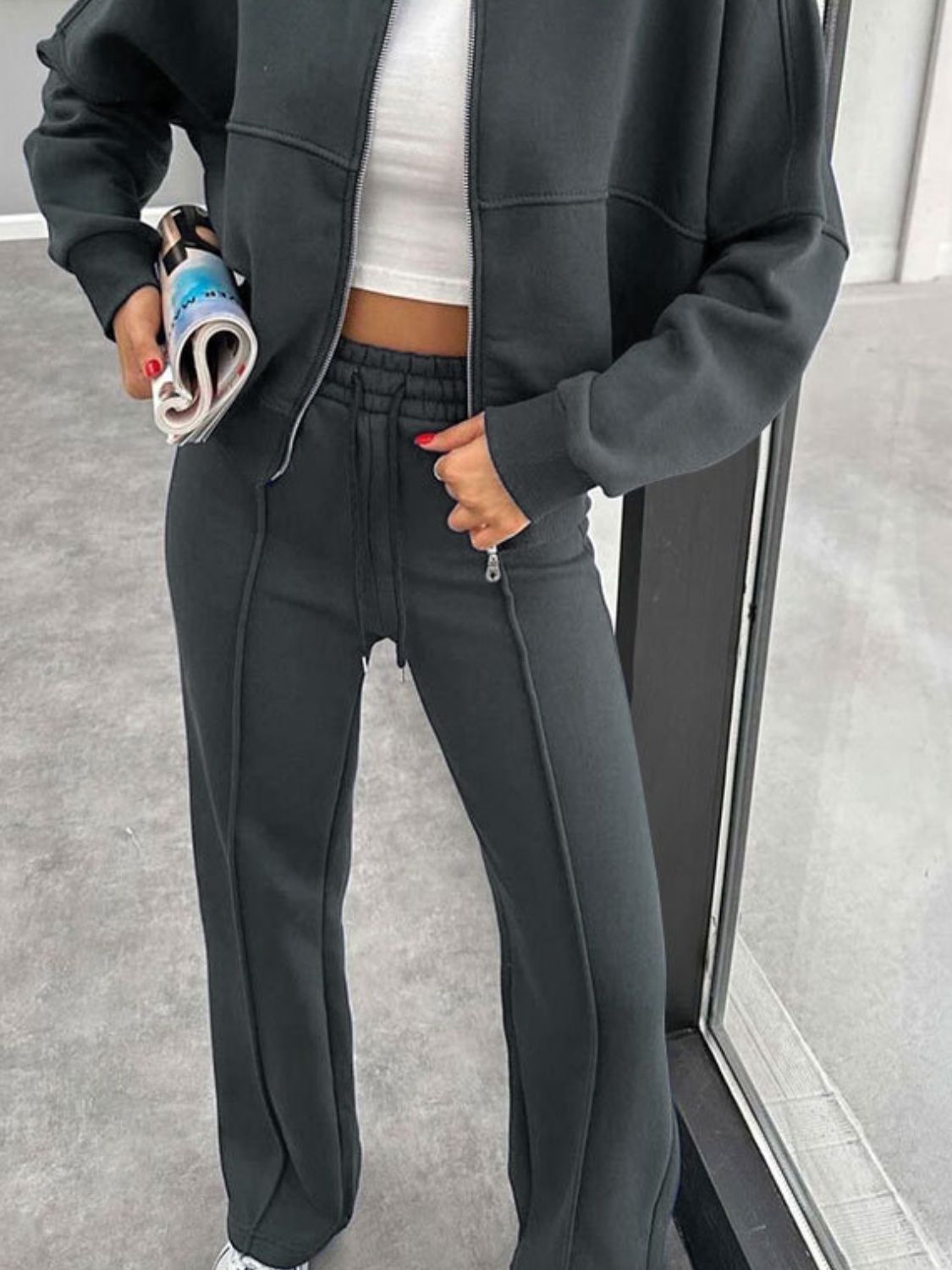 Conjunto de ropa exterior con cuello de béisbol, cremallera y pantalones con cordón