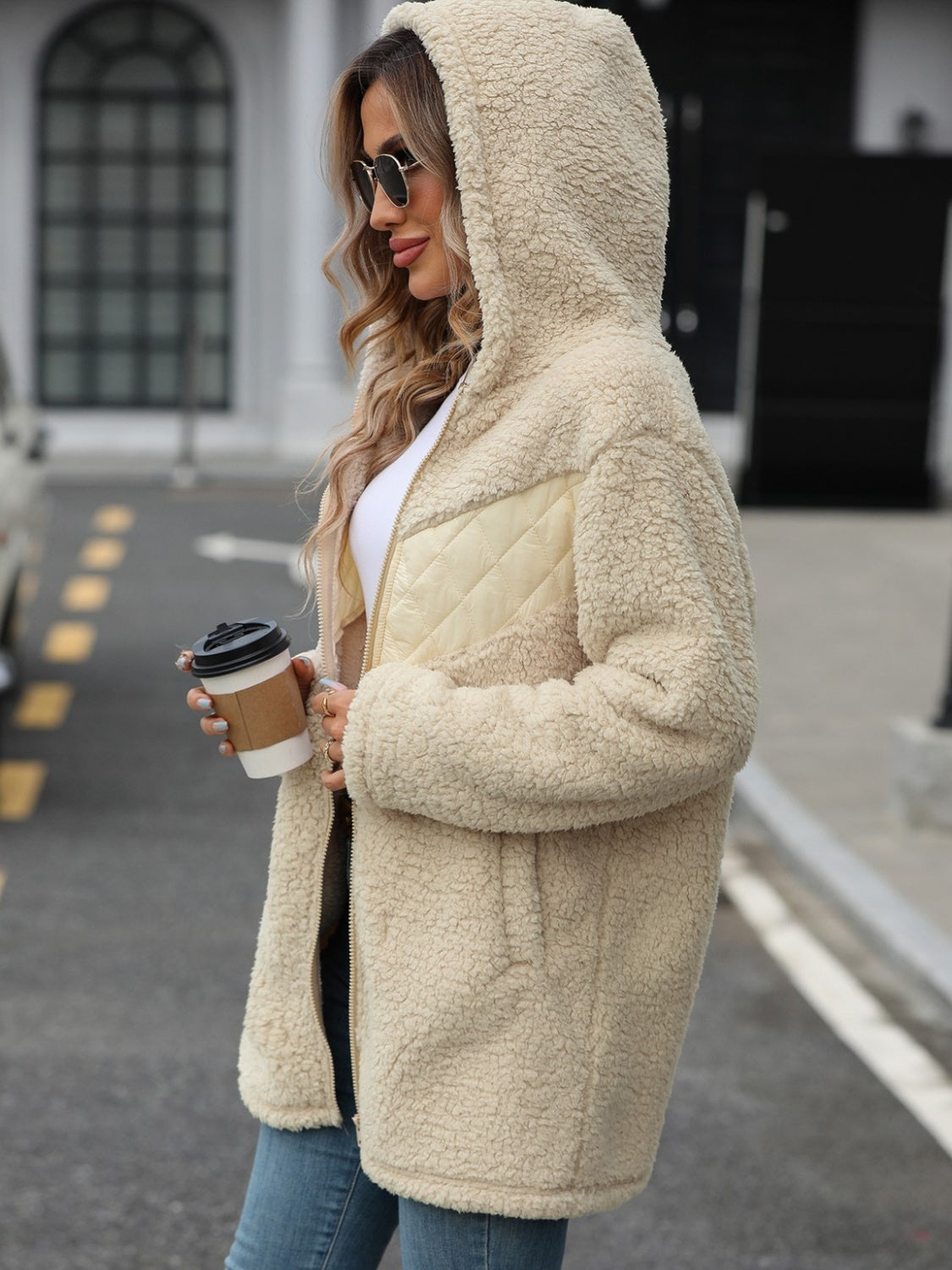 Fuzzy Zip Up Long Sleeve Hooded Jacket - Celeste