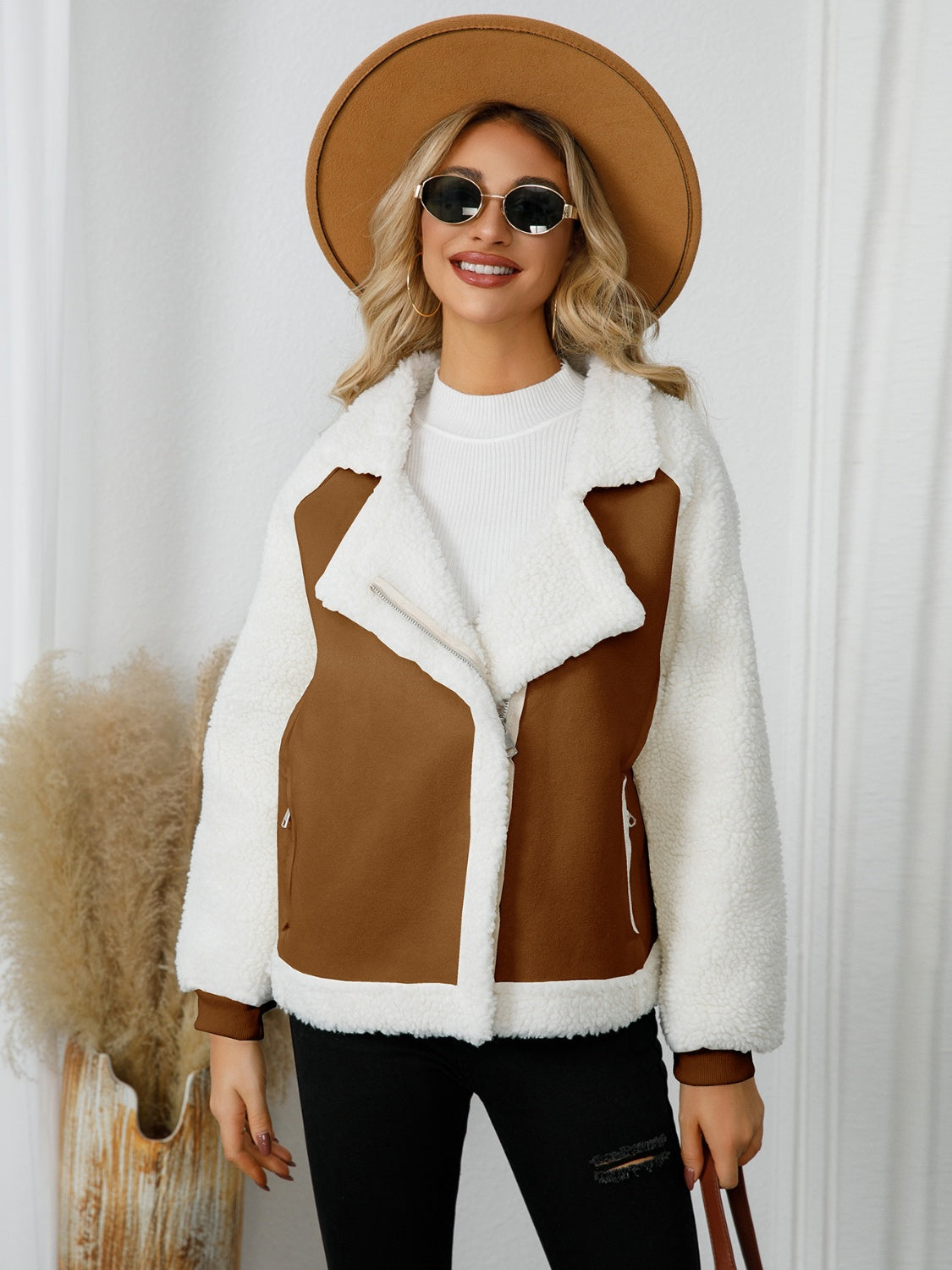 Pocketed Sherpa Zip Up Long Sleeve Jacket - Celeste