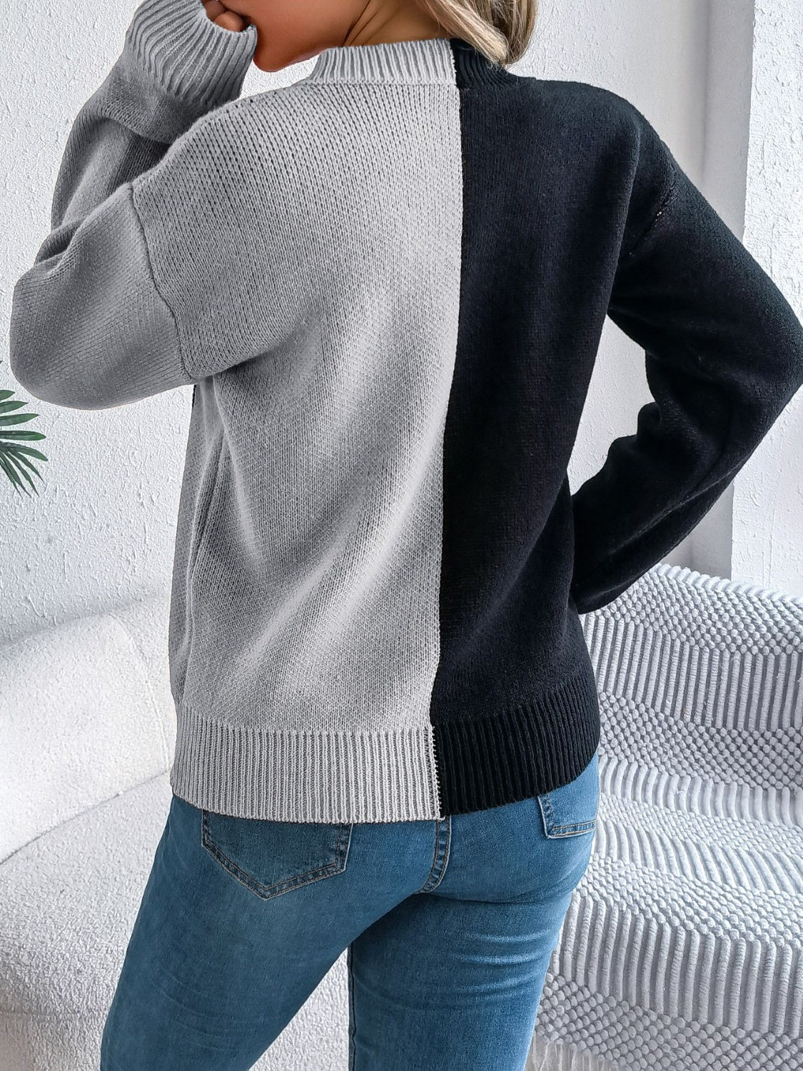 Contrast Round Neck Long Sleeve Sweater - Celeste