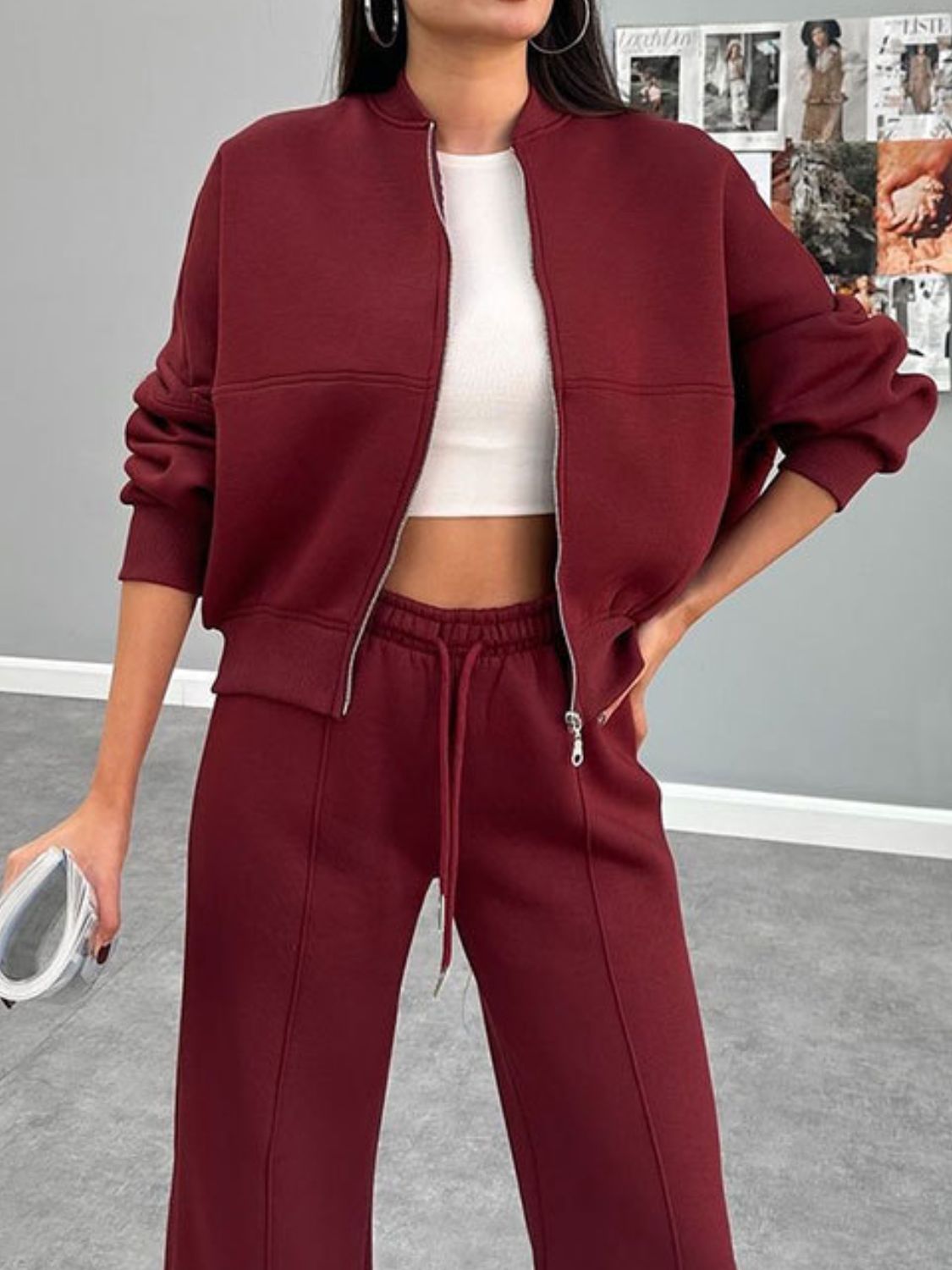 Conjunto de ropa exterior con cuello de béisbol, cremallera y pantalones con cordón