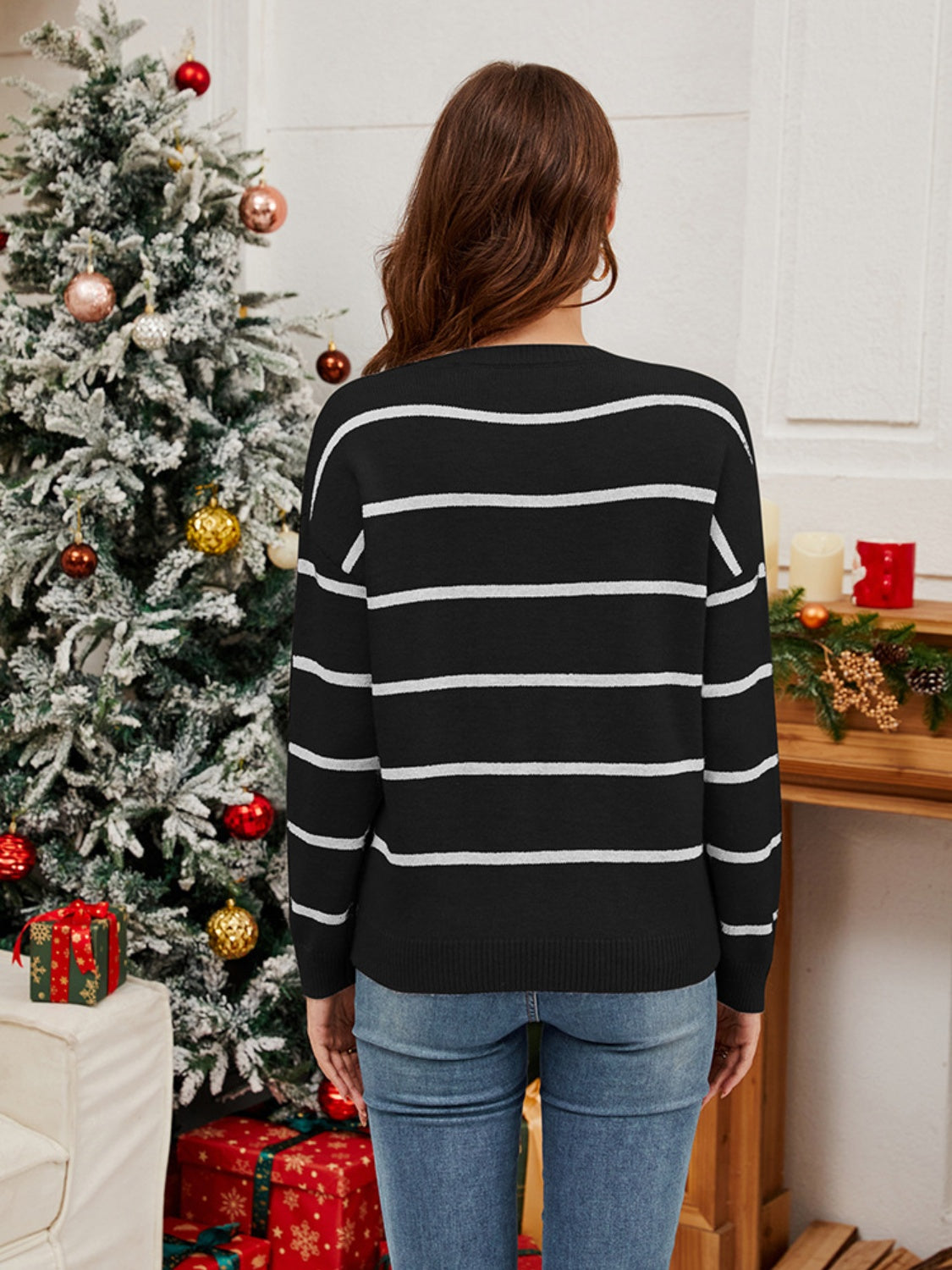 Sequin Santa Striped Round Neck Long Sleeve Sweater - Celeste