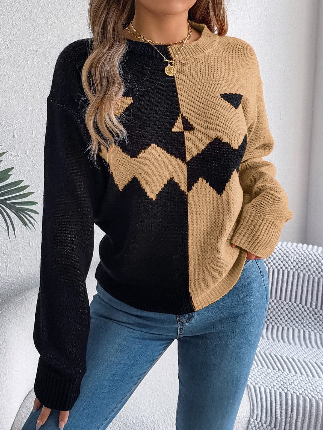 Contrast Round Neck Long Sleeve Sweater - Celeste