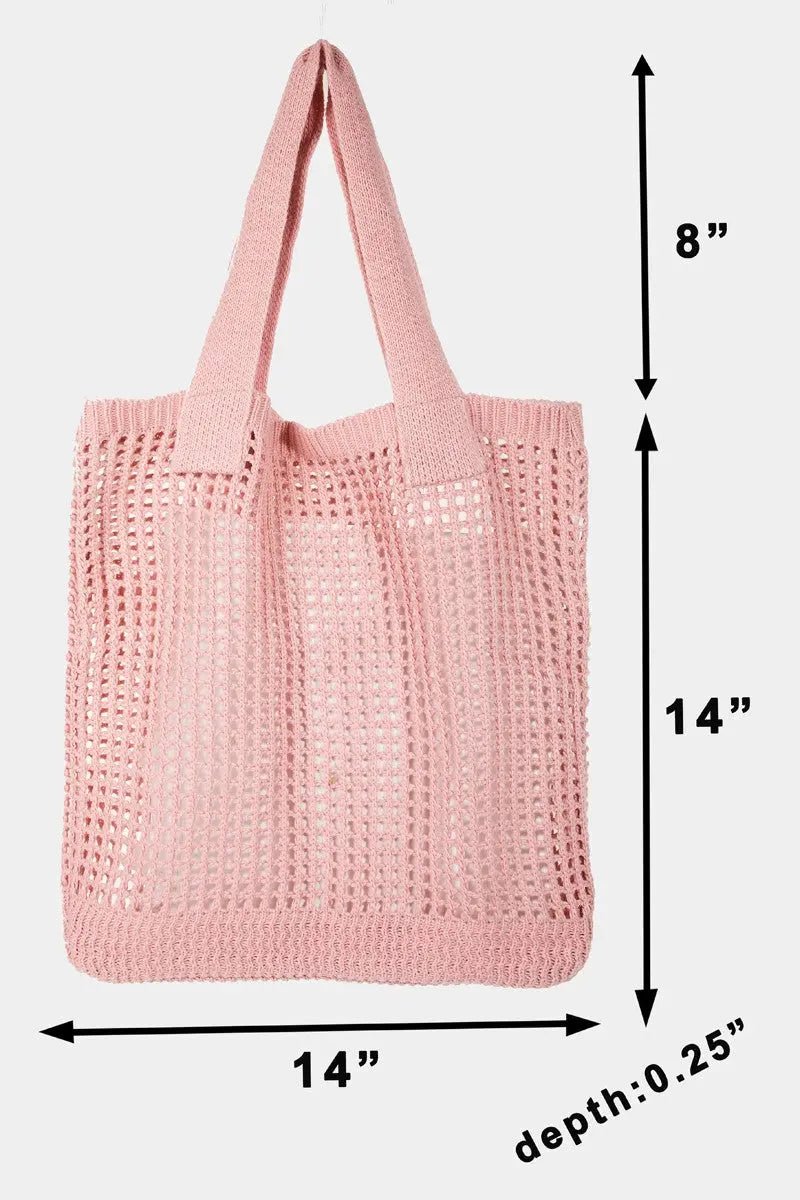Fame Pointelle Knit Crochet Tote Bag - Celeste