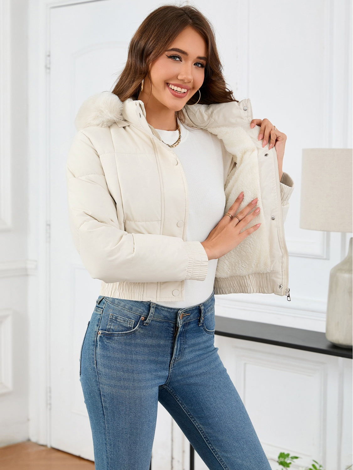Pocketed Long Sleeve Cropped Hooded Winter Coat - Celeste