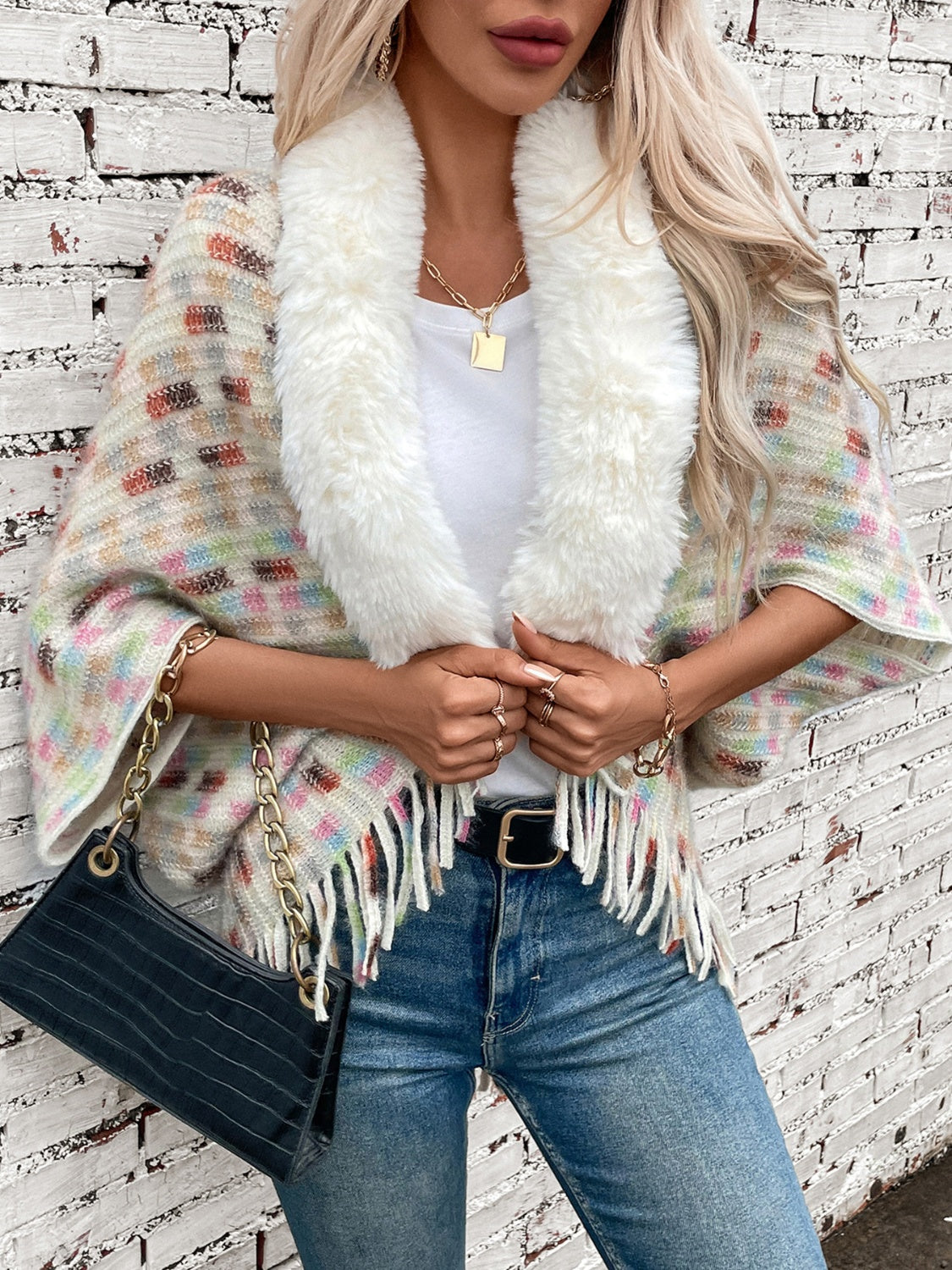 Fringe Fuzzy Open Front Poncho - Celeste