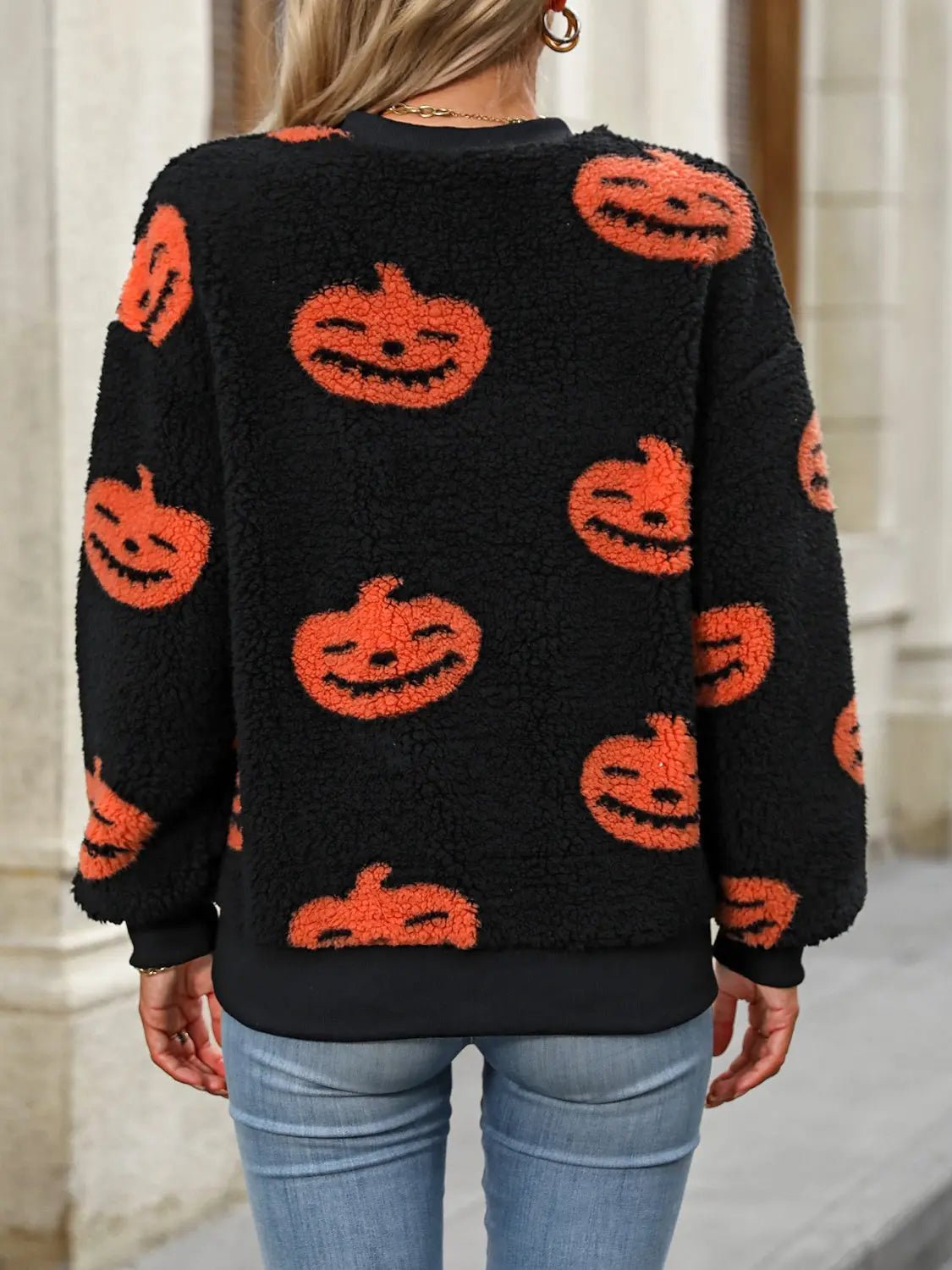 Fuzzy Pumpkin Round Neck Dropped Shoulder Sweater - Celeste