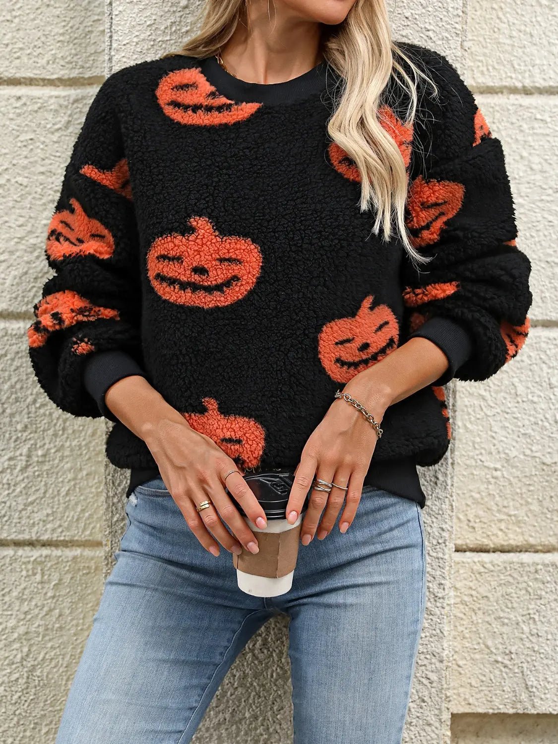 Fuzzy Pumpkin Round Neck Dropped Shoulder Sweater - Celeste