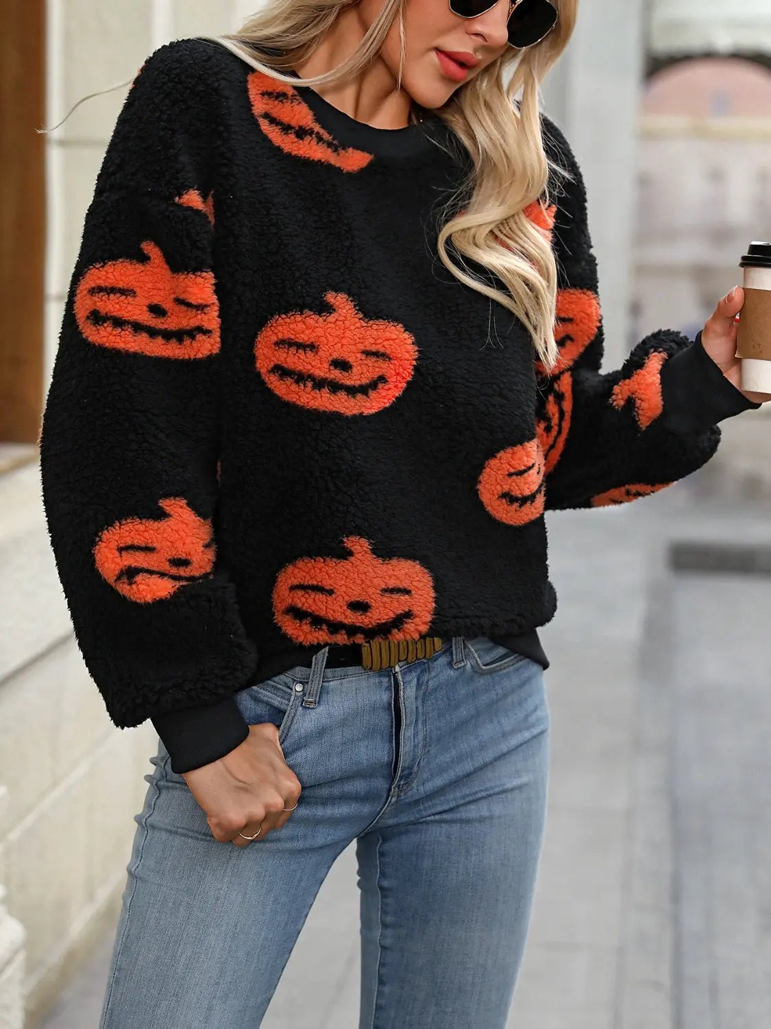 Fuzzy Pumpkin Round Neck Dropped Shoulder Sweater - Celeste