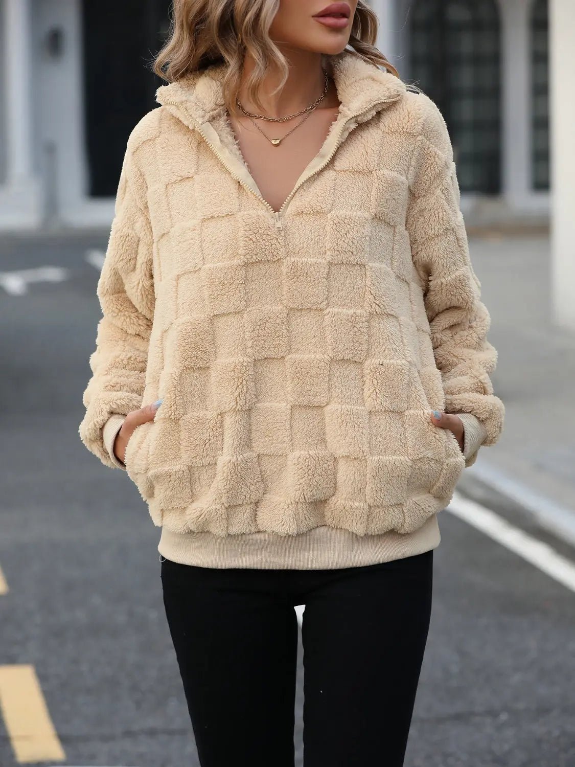 Fuzzy Quarter Zip Long Sleeve Sweatshirt - Celeste