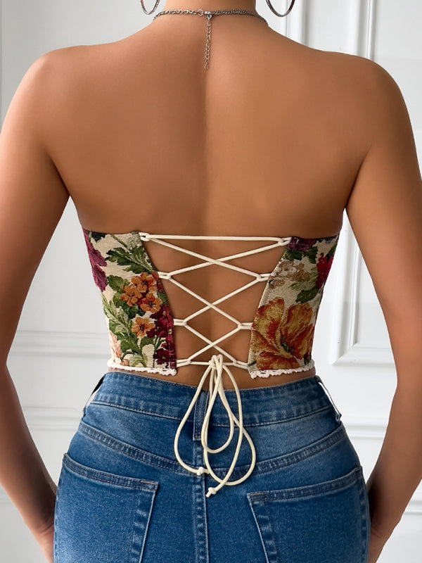 Street retro flower print chest wrap lace corset
