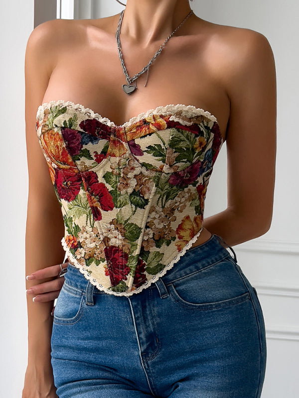 Street retro flower print chest wrap lace corset