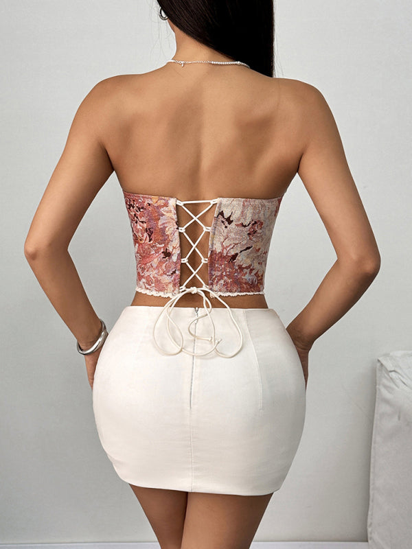 Street retro pink flower print lace-up corset top