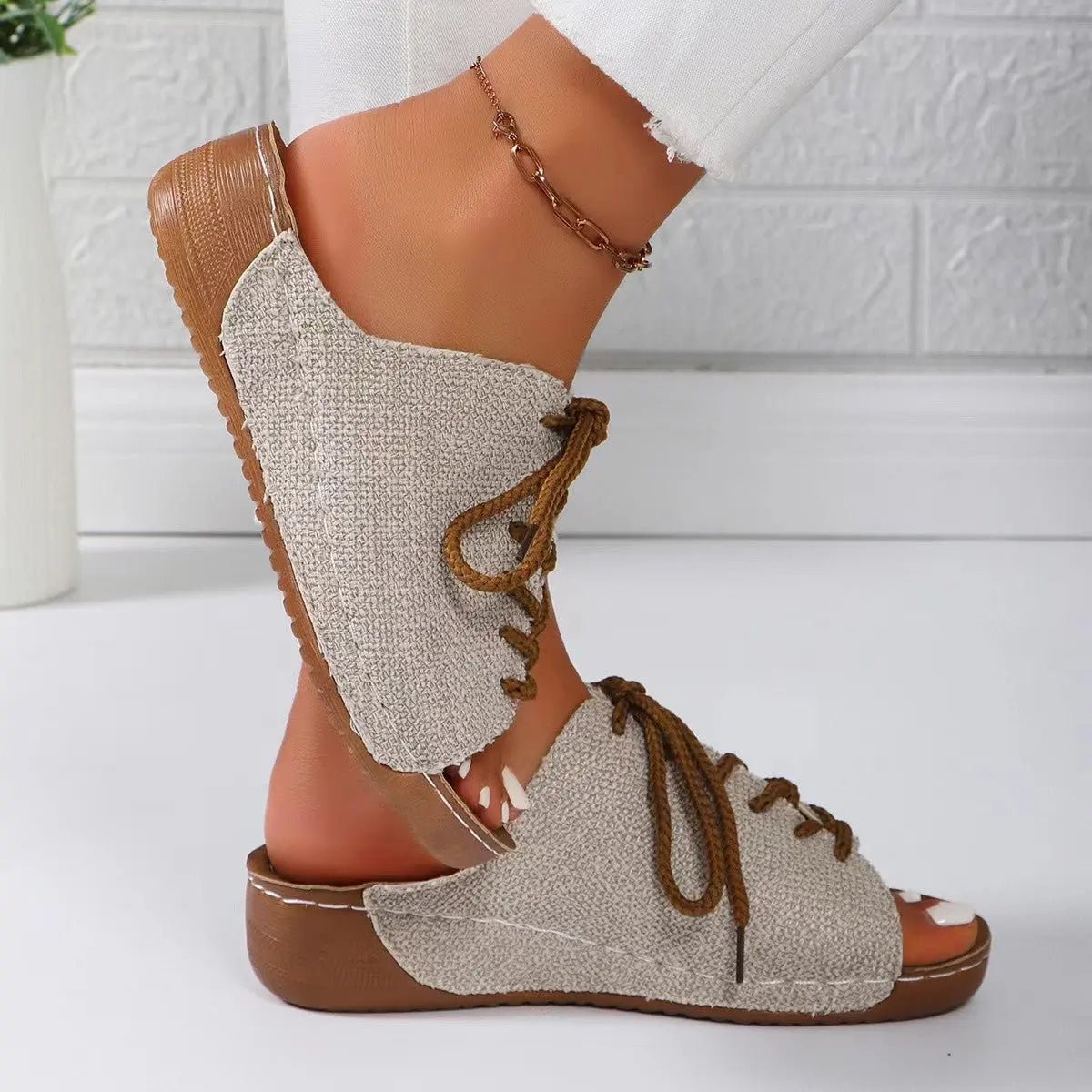 Lace-Up Open Toe Wedge Sandals - Celeste